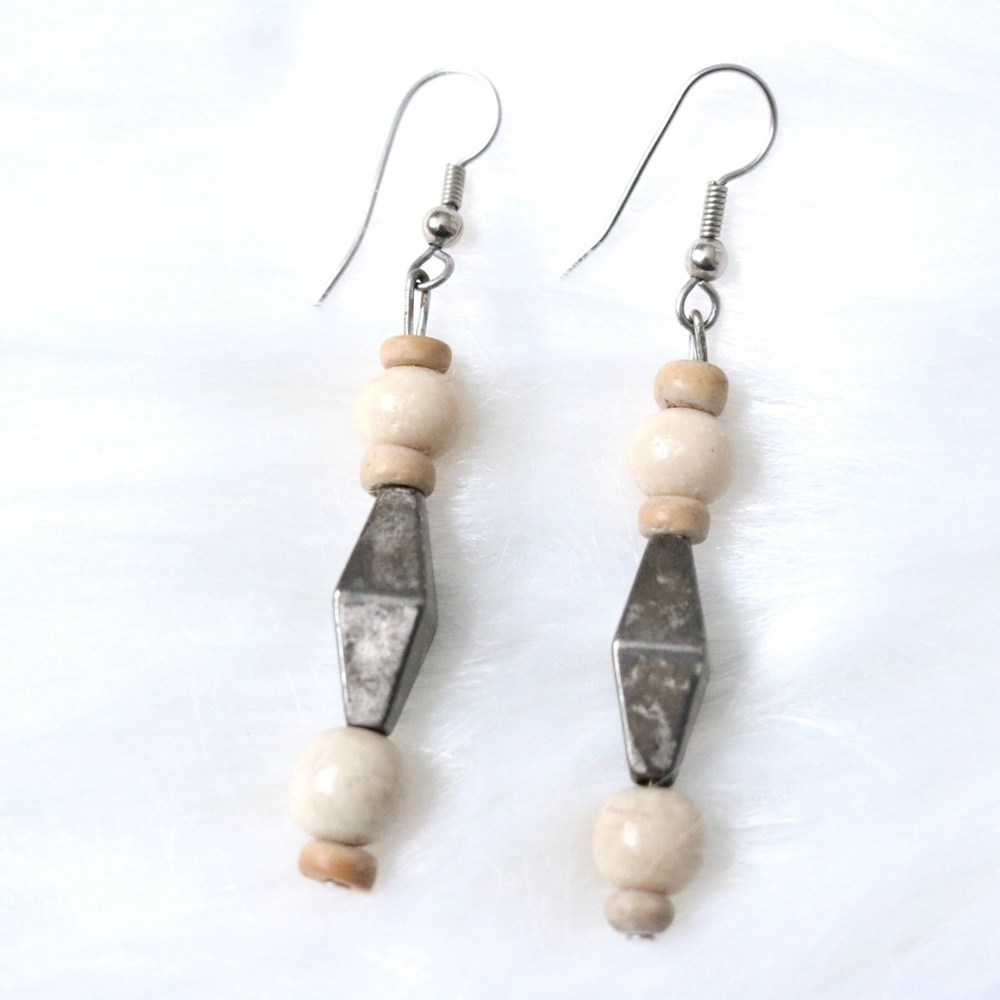 Natural Wood Clay Metal Beaded Hook Earring